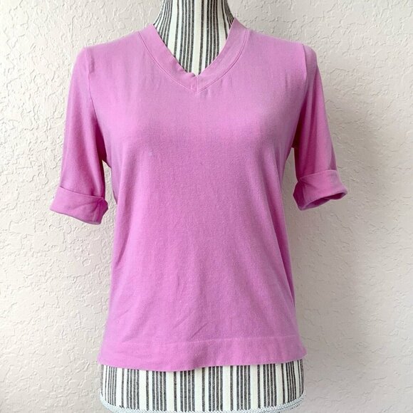 Loro Piani Top Womens 42 US 8 Pink Cuffed Short Sleeve V Neck Made In Italy - Picture 1 of 9